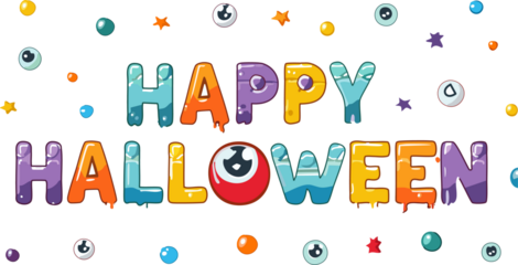 Playful cartoon vector text that says "Happy Halloween", with letters designed to look like monster elements (e.g., slime, stitches, eyeballs, mummy bandages), fun and decorative typography.