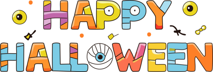 Playful cartoon vector text that says "Happy Halloween", with letters designed to look like monster elements (e.g., slime, stitches, eyeballs, mummy bandages), fun and decorative typography.