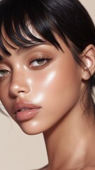 Vibrant portrait of a woman with flawless skin, radiant makeup, and captivating gaze