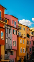 Fototapeta premium Row of Colorful European Townhouses with Balconies Under Blue Sky, Vibrant Mediterranean Architecture