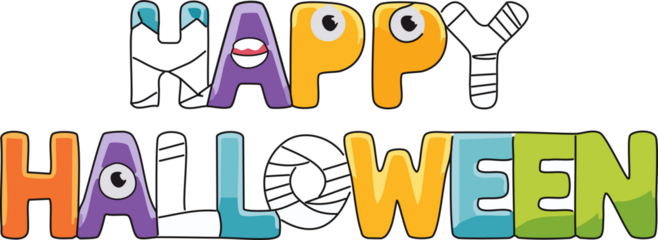 Playful cartoon vector text that says "Happy Halloween", with letters designed to look like monster elements (e.g., slime, stitches, eyeballs, mummy bandages), fun and decorative typography.