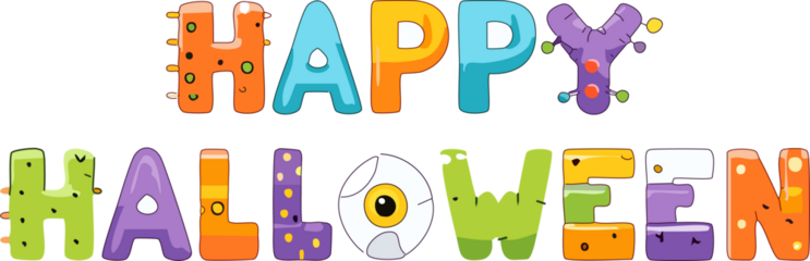 Playful cartoon vector text that says "Happy Halloween", with letters designed to look like monster elements (e.g., slime, stitches, eyeballs, mummy bandages), fun and decorative typography.