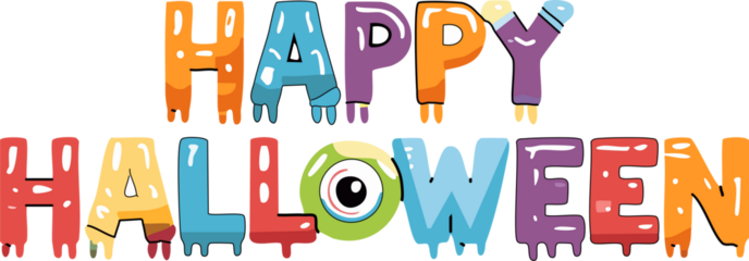 Playful cartoon vector text that says "Happy Halloween", with letters designed to look like monster elements (e.g., slime, stitches, eyeballs, mummy bandages), fun and decorative typography.