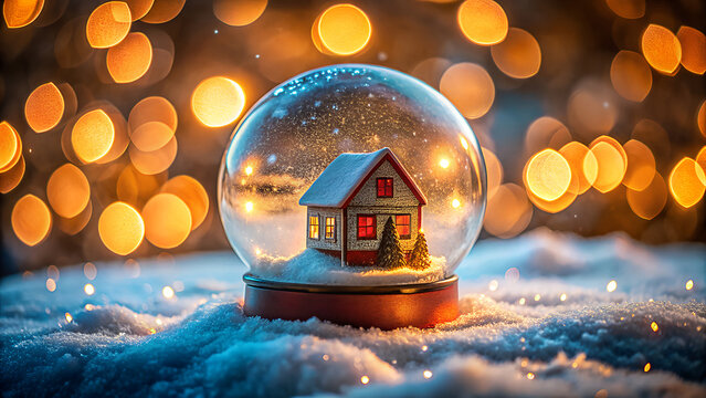 Magical winter snow globe with a cozy illuminated house nestled in soft snow against a backdrop of warm golden bokeh lights