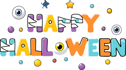 Playful cartoon vector text that says "Happy Halloween", with letters designed to look like monster elements (e.g., slime, stitches, eyeballs, mummy bandages), fun and decorative typography.
