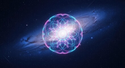 A luminous orb of intricate sacred geometry radiating vibrant light and spiritual energy across the vast cosmic expanse of a distant galaxy