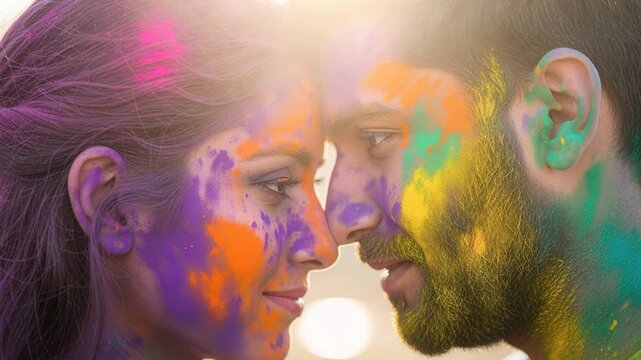 Young couple sharing intimate romantic moment during vibrant Holi festival celebration with colorful powder paint covering their peaceful faces