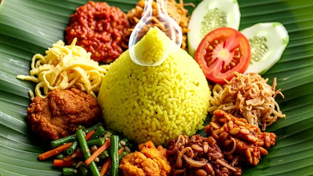 Delicious Nasi Tumpeng Indonesian Traditional Rice Cone Dish Served on Banana Leaf Background A