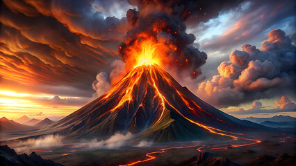 Majestic volcano erupting with fiery lava flowing down its slopes under a dramatic sunset sky filled with stormy clouds