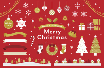 クリスマスのイラスト素材とフレームのセット　飾り　装飾　あしらい　クリスマスツリー　プレゼント　結晶
