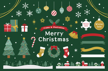 クリスマスのイラスト素材とフレームのセット　飾り　装飾　あしらい　クリスマスツリー　プレゼント　結晶