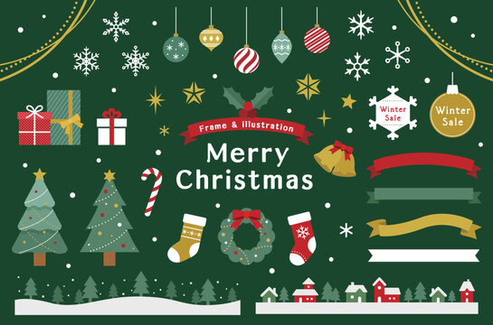 クリスマスのイラスト素材とフレームのセット　飾り　装飾　あしらい　クリスマスツリー　プレゼント　結晶