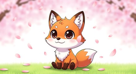 A charming cartoon fox sits on grass, surrounded by falling pink cherry blossom petals.