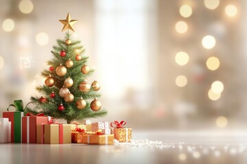 Obraz premium Festive christmas tree with gold ornaments and gifts in cozy holiday setting