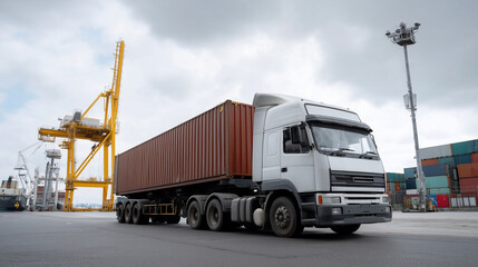 A container truck at a ship port with cranes loading cargo, representing logistics and transportation, container logistics, port operations, global shipping, import-export, industrial transp
