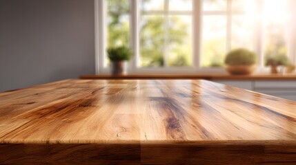 Refined Modern Kitchen Design Showcasing a Naturally Polished Wooden Countertop with Abundant Sunlit Warmth and Tranquil Ambience