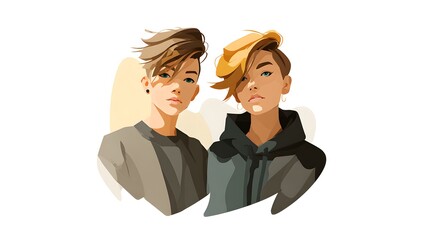 Detailed Vector Illustration of Gender Neutral Youth in Modern Unisex Clothing Set on a Pristine White Background with Minimalistic Design