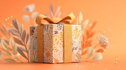 Chic Artistic Render of a Gift Box with Playful Autumn Ambiance and Radiant Orange Background Featuring Intricate Patterns