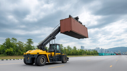 Inland shipping with a container handler moving cargo efficiently, inland logistics, container transport, freight handling, industrial shipping, logistics operations