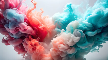Fototapeta premium Vibrant explosion of pink and turquoise ink swirling and blooming in clear water creating abstract fluid art with soft pastel colors