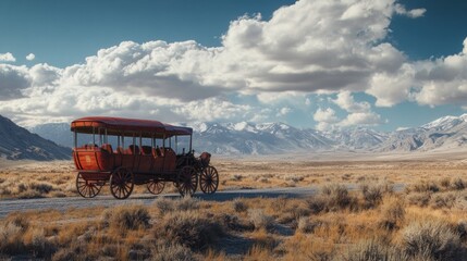 Naklejka premium Historical stagecoach in scenic mountainous desert landscape under cloudy sky