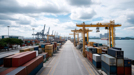 A vibrant container terminal bustling with global trade activity, container terminal, global logistics, freight hub, maritime trade, industrial commerce