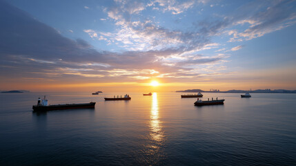 A majestic sunset over cargo ships navigating a serene bay, sunset shipping, cargo bay, maritime trade, global logistics, tranquil transport