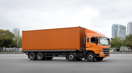 A modern freight truck with an orange container, showcasing efficient logistics, freight truck, container logistics, global shipping, industrial transport, cargo delivery