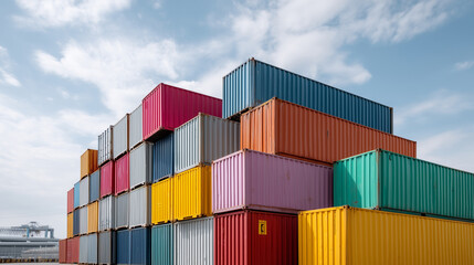 Fototapeta premium A colorful stack of shipping containers, symbolizing the vibrancy of global trade, container stack, global commerce, industrial aesthetic, freight hub, colorful logistics