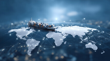 An AI and global logistics concept with a world map and container ship, AI logistics, global trade, supply chain network, import-export, industrial tech