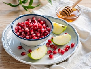 Pomegranate seeds, apple slices and honey for rosh hashanah celebration