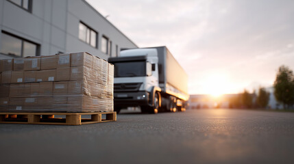 A blurred freight truck with parcels on pallets at a warehouse during sunset, warehouse logistics, freight transport, cargo delivery, industrial operations, supply chain