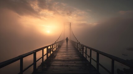 Obraz premium A solitary figure walks across a foggy bridge at sunrise, enveloped in mist and soft golden light.