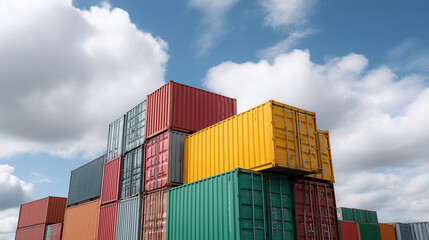 Colorful shipping containers stacked against a blue sky with clouds, container stack, global trade, industrial logistics, colorful commerce, freight hub