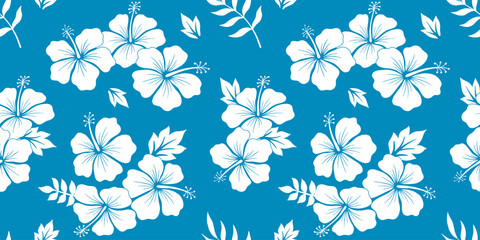 Seamless pattern with hibiscus flower vector silhouette for shirt, floral monochrome illustrations, summer hawaiian beach white plant on blue backdrop © Elena
