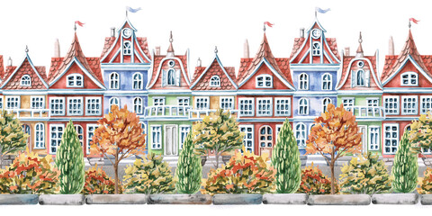 Seamless border with city houses and autumn trees. Watercolor illustration on the theme of the city for interior design of children's rooms, printing on stationery, packaging, fabric, posters.