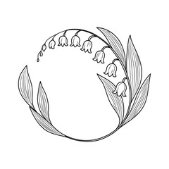 Konwalie. Okrągła ramka z motywem botanicznym, listkami i kwiatami. Wzór na karty, voucher, życzenia i zaproszenia ślubne. © Monika