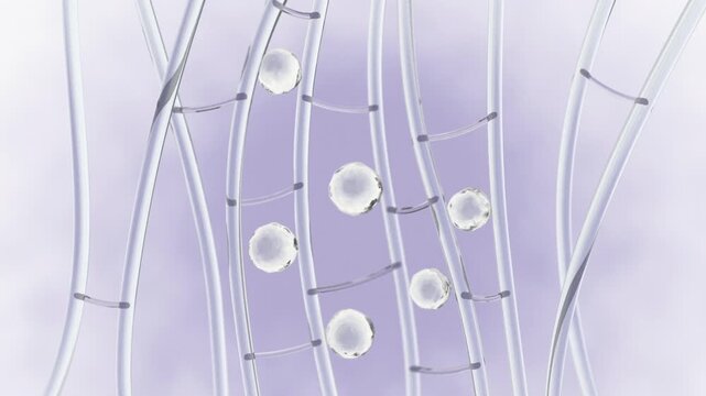 3D visualization for hyaluronic acid dermal booster promotion. The molecular structure of a skin collagen-rejuvenating cosmetic complex. The network of HA chains, biopolymer bonds, and active elements