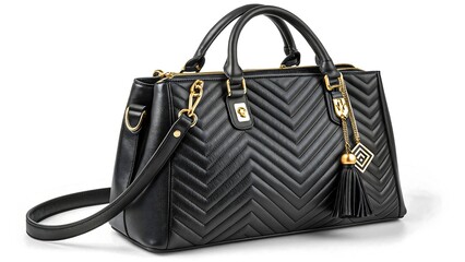Naklejka premium Black leather handbag with chevron quilted design gold accents and tassel charm isolated on white background 