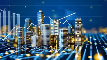Visual representation of a modern city skyline with glowing lights and data curves showing real estate trends and technological growth - Powered by Adobe
