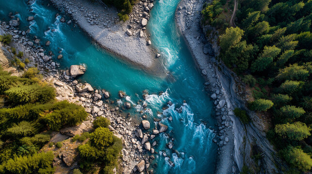 An epic aerial shot of two distinct rivers merging into one, symbolizing synergy and combined strength.