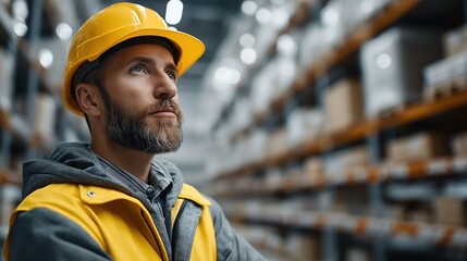 construction worker wearing a yellow hard hat and reflective vest stands thoughtfully in a large warehouse, surrounded by shelves filled with boxes during daytime