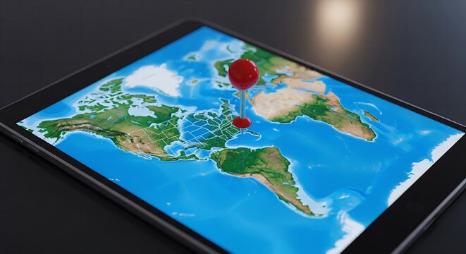 Digital Meets Physical: A Tangible Map Pin on a Glowing Tablet Screen.