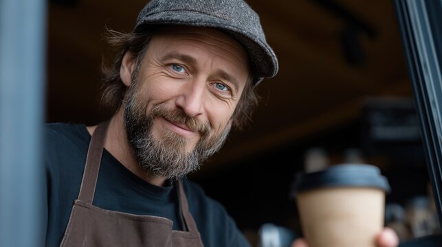 cheerful barista hands a take-out coffee to a customer while standing at the entrance of a cozy cafГ© in the morning, creating a welcoming atmosphere for patrons