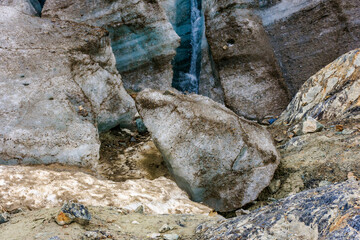 Close-up of floating icebergs melting slowly in the calm waters of the glacier lagoon
