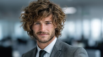 young man with curly hair and a professional suit stands confidently, smiling in a bright modern office. background features blurred workstations and natural light