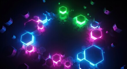 Futuristic digital landscape with a glowing neon hexagonal grid creating an abstract technological background