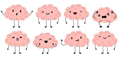 Cartoon cute brain character set. Depression, antidepressants, serotonin, burnout, dementia. Brain character with emotions. Internal human organs. Vector illustration isolated on white background.