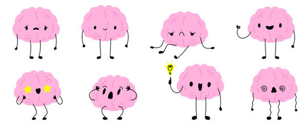 Sad tired burnout depression brain cartoon character. Brain with low charge, depression, burnout, lack energy and power with high energy. Stock vector illustration isolated on white background.