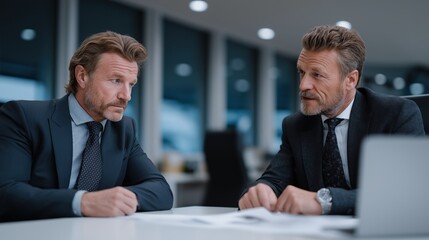 Two professional men are engaged in a serious conversation at a modern office table, focused on discussing business strategies and financial plans in the afternoon light